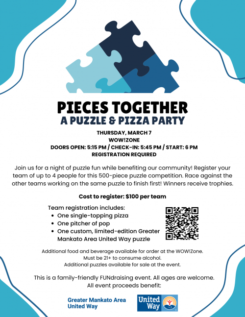 Flyer for the "Pieces Together" Puzzle & Pizza Party event